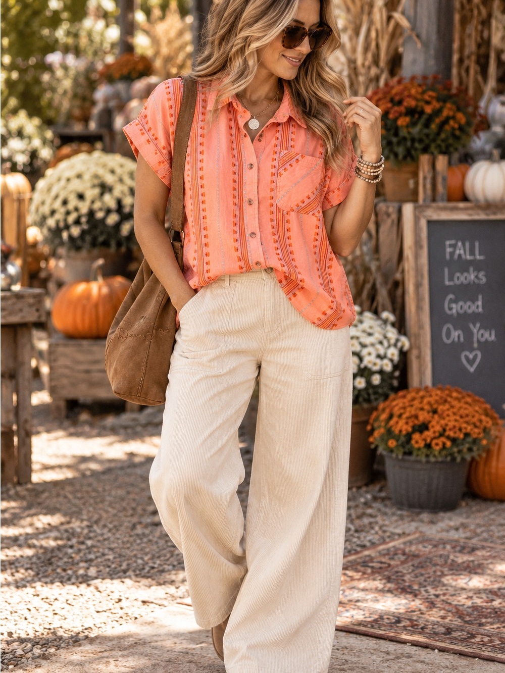 Cotton & Rye Outfitters Women’s Large Coral Woven Stripe Button Up Boho Top